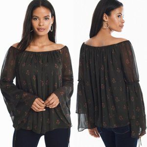 WHBM BOHO Green Floral Chiffon Bell Sleeve Off Shoulder Blouse Size S